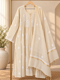 Champagne Beige Pure Tissue Semi-Stitched Kurta & Dupatta Set | Floral Embroidery