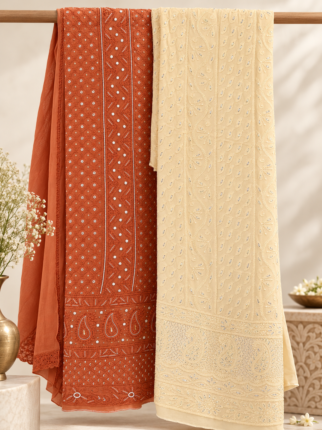 Heritage Chikankari Jaal Unstitched Suit Fabric with Dupatta | Pure Viscose Chiffon